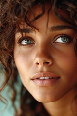 Fototapeta premium A close up of a woman with curly hair and blue eyes