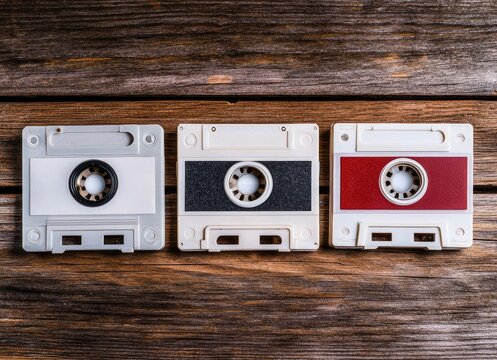 Cassette Tape Trio on Wooden Backdrop