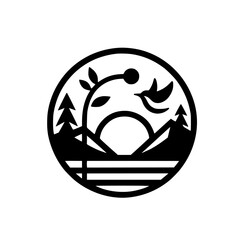 Minimalist Nature Circle: Bird, Trees, Sun, Plant, Logo Design