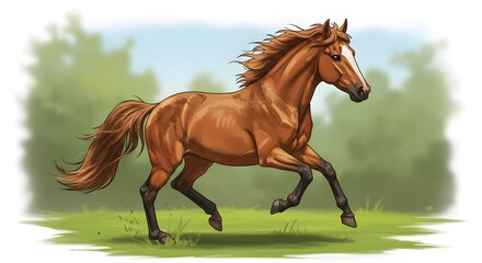 Fototapeta premium AI image of a dynamic chestnut horse running freely across a green field with its mane flowing, energetic illustration.