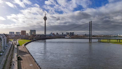 Dusseldorf city skyline aerial drone view from above,  Medienhafen, bridge and river Rhine, Germany 
