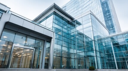 Modern glass office building reflects blue sky with geometric architecture and lush landscaping creating a captivating commercial environment
