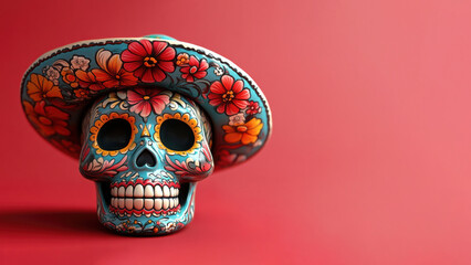 Mexican day of the dead skull with vibrant floral decorations. Celebration of Mexican Cinco de Mayo.   