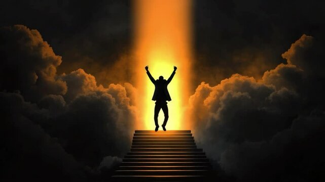 Mysterious Figure Ascending Stairs Through Dark Clouds to Glowing Light in the Distance 4k video footage