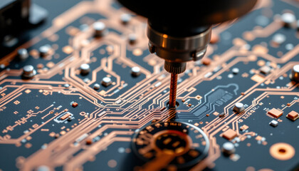 micro detail of copper traces on pcb being connected to machinery