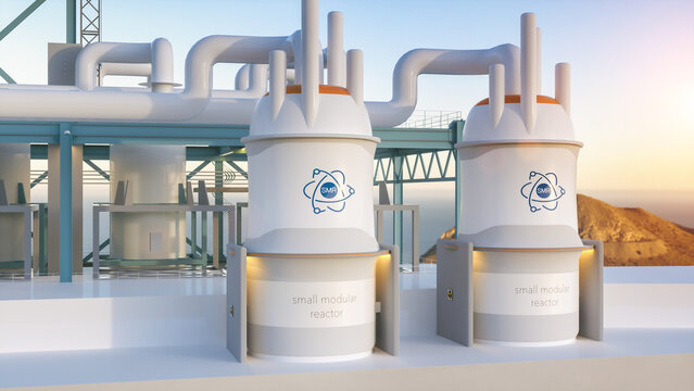 concept of a SMR small modular nuclear reactor power plant on a sunny day. SMR is a future energy concept.