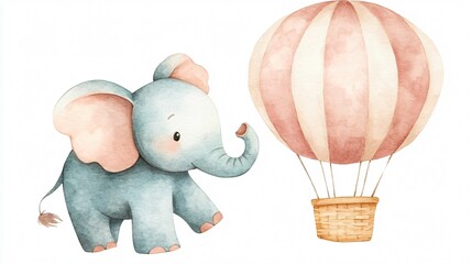 Adorable Baby Elephant Watercolor Illustration with Hot Air Balloon