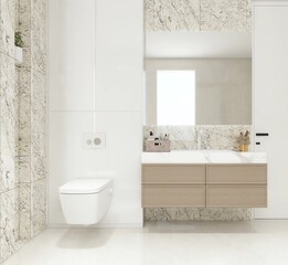 This elegant modern bathroom features a wall-mounted toilet, floating vanity with wood drawers, marble accents, and a large mirror that enhances the clean, spacious design