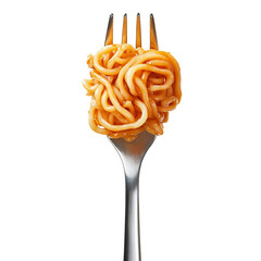 Close-up shot of a fork with noodles, isolated [Transparent Background PNG].