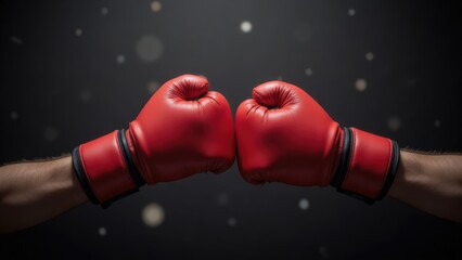 Red Boxing Gloves Clashing, Confrontation Sport Concept, Competition and Strength, Dark Background