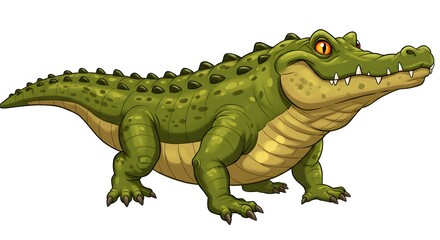 Fototapeta premium AI image of a cartoonish green crocodile standing proudly, with sharp teeth and yellow eyes, on a white background.