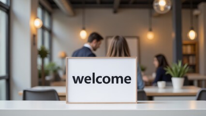 Welcome Sign in Modern Office with Blurred Business People, Workplace Environment, Reception Area, Hospitality, Corporate Culture