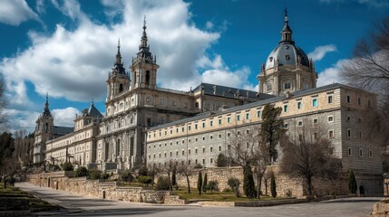 El Escorial: An Ancient Architectural Marvel in the Suburbs of Madrid, Spain, Showcasing Blue Hues and Magnificent Catholic Heritage