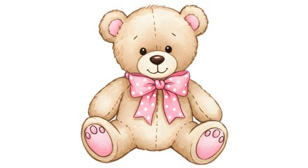AI image of a classic light brown teddy bear sitting with a large pink polka dot bow tied around its neck.