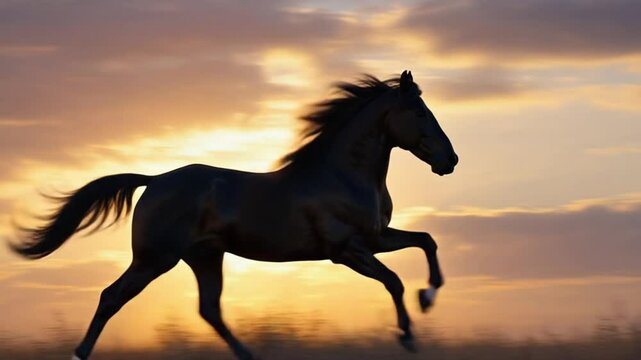 Graceful black silhouette of a galloping horse in slow-motion endless golden meadow, grass floating underwater, surreal dreamlike golden sunset, cinematic lens flares, ethereal lighting, 4K