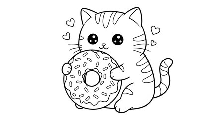 ai image sweet black and white outline of a cute tabby cat hugging a large sprinkled donut, for coloring.