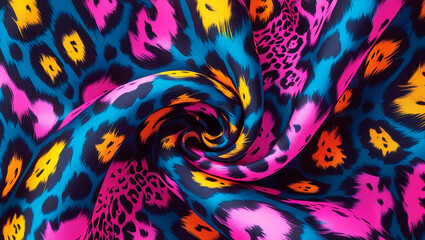 Background of folded fabric drapery with neon colored abstract spot pattern