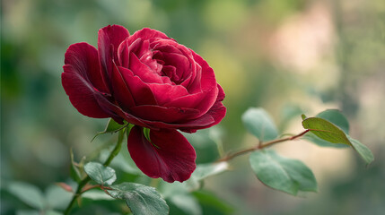 Fototapeta premium Close-up of dark red rose, velvety petals, green leaves blurred background, showcasing elegance and natural beauty, ideal for romantic or floral themes