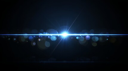 Blue lens flare forming a horizontal line on black background with soft orbs, radiant beams and futuristic contrast Generative AI
