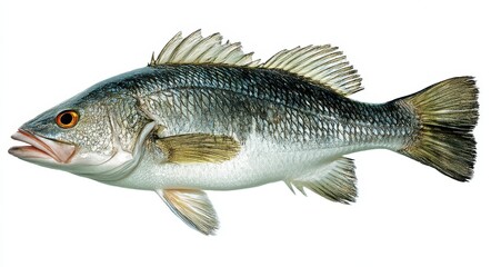 Fototapeta premium Barramundi Delight: Fresh Fish Showcase on Crisp White Background with Vibrant Scales and Distinctive Features