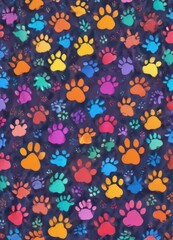 Joyful, multicolored paw prints, whimsical doodle pattern ,  artwork,  repeat