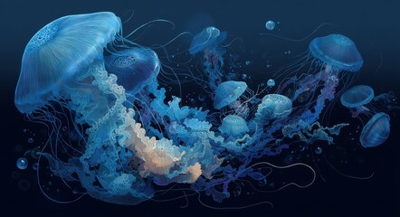Fototapeta premium Abstract Art of DNA Damage: Illuminated Jellyfish in Blue Waters with Nature's Palette