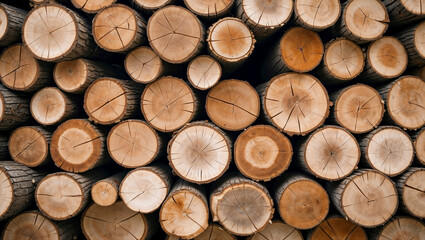 Close-up of neatly stacked tree logs, showing wood grain and texture. Ideal for backgrounds and design.