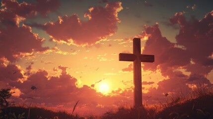 Fototapeta premium wooden cross with sunset clouds sky