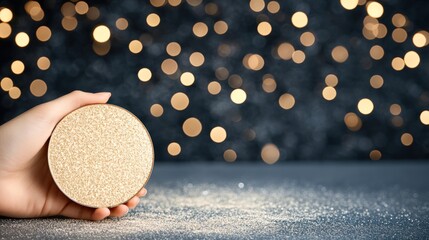 A hand holds a circular, glittery surface against a blurred background of soft, glowing lights, perfect for designs focused on celebration, beauty, or elegance