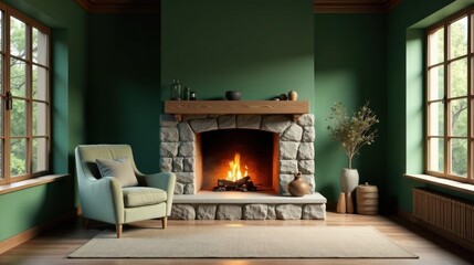 Cozy stone fireplace with a crackling fire, situated in a room with green walls, large windows, and a comfortable armchair.  A serene and inviting interior.