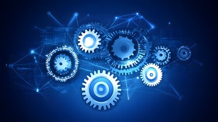 Interconnected gears on a dark blue digital backdrop.