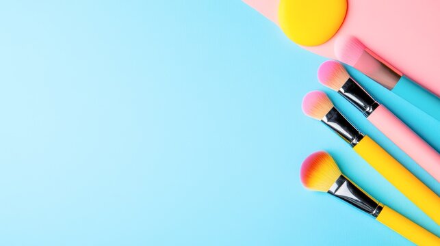 Colorful makeup brushes lay on a bright blue background, ideal for beauty blogs, tutorials, and cosmetic product promotions, The vibrant design adds a playful touch to any beauty-related project,