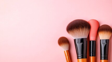 A collection of diverse makeup brushes neatly arranged on a soft pink background, ideal for beauty articles, cosmetic advertisements, or makeup tutorials that showcase tools and professionalism,