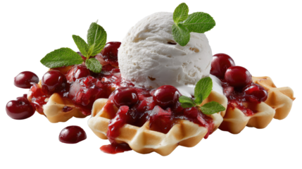 Sweet Temptation: A mouthwatering image of a waffle sundae, featuring a scoop of vanilla ice cream, vibrant cherries, and fresh mint, showcasing the essence of dessert.