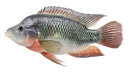 Fototapeta premium Nile Tilapia Fish Presented in Fresh and Raw Style Against a Clean White Backdrop