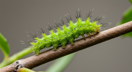 Fototapeta premium Green Caterpillar on Stem