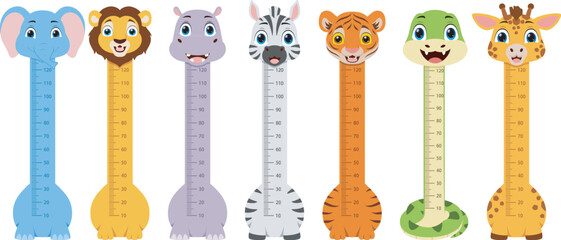 Kids height chart with cute animal cartoon, elephant, lion, hippo, zebra, tiger, snake, and giraffe © dreamblack46