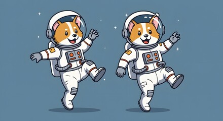 AI image of two cute corgi dog astronauts in spacesuits, floating happily with stars in a blue space background.