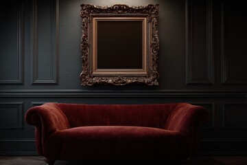 Elegant velvet sofa in a dark room with an ornate empty frame on the wall