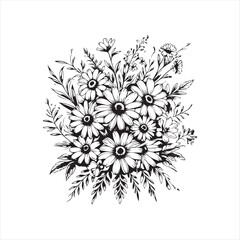 Black and White Floral Vector Design,Hand Drawn Flower Illustration,Vintage Flower Line Art,Botanical Flower Clipart Design,Floral Bouquet Outline Drawing,Elegant Flower Sketch Vector