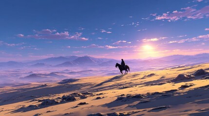 Lone horseback rider crossing expansive desert landscape at sunset with mountain backdrop and colorful sky