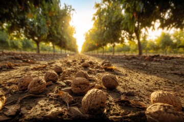 Obraz premium Golden afternoon light illuminates walnut harvest in a peaceful orchard setting with fallen nuts scattered on the ground