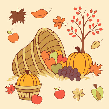 autumn harvest basket, pumpkins, apples, leaves clip art preview