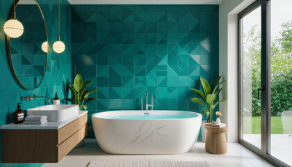 A modern bathroom showcases a striking teal geometric tile accent wall, a freestanding white bathtub, a sleek vanity, and a large window overlooking lush greenery, creating a tranquil and stylish sp
