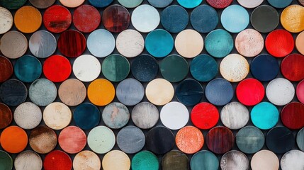 Close-up of a large number of circular objects arranged in a grid-like pattern. the objects are of different sizes and colors, including red, orange, blue, green, yellow, and white.