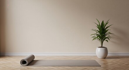 Rolled yoga mat and potted plant in minimal home studio
