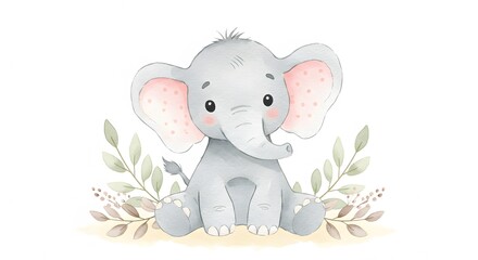 Fototapeta premium ai image sweet watercolor depiction of a cute baby elephant sitting contentedly, surrounded by delicate leaves, ideal for nursery art.