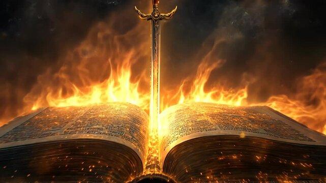 The pen is mightier than the sword, an open book with a sword in the middle and engulfed in flames in the background