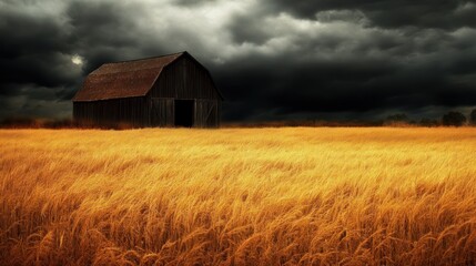 Obraz premium Stormy sky over a golden field and weathered barn.