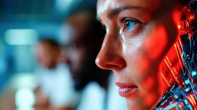Close-up of a female humanoid robot with a transparent mechanical neck, wearing glasses, sitting in a business meeting, symbolizing future AI collaboration